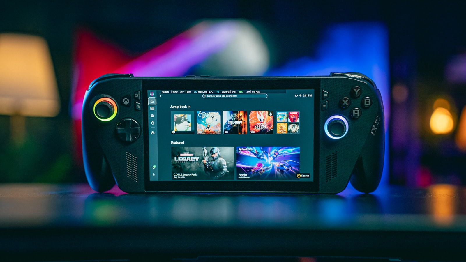 Handheld retro-style gaming console with bright screen