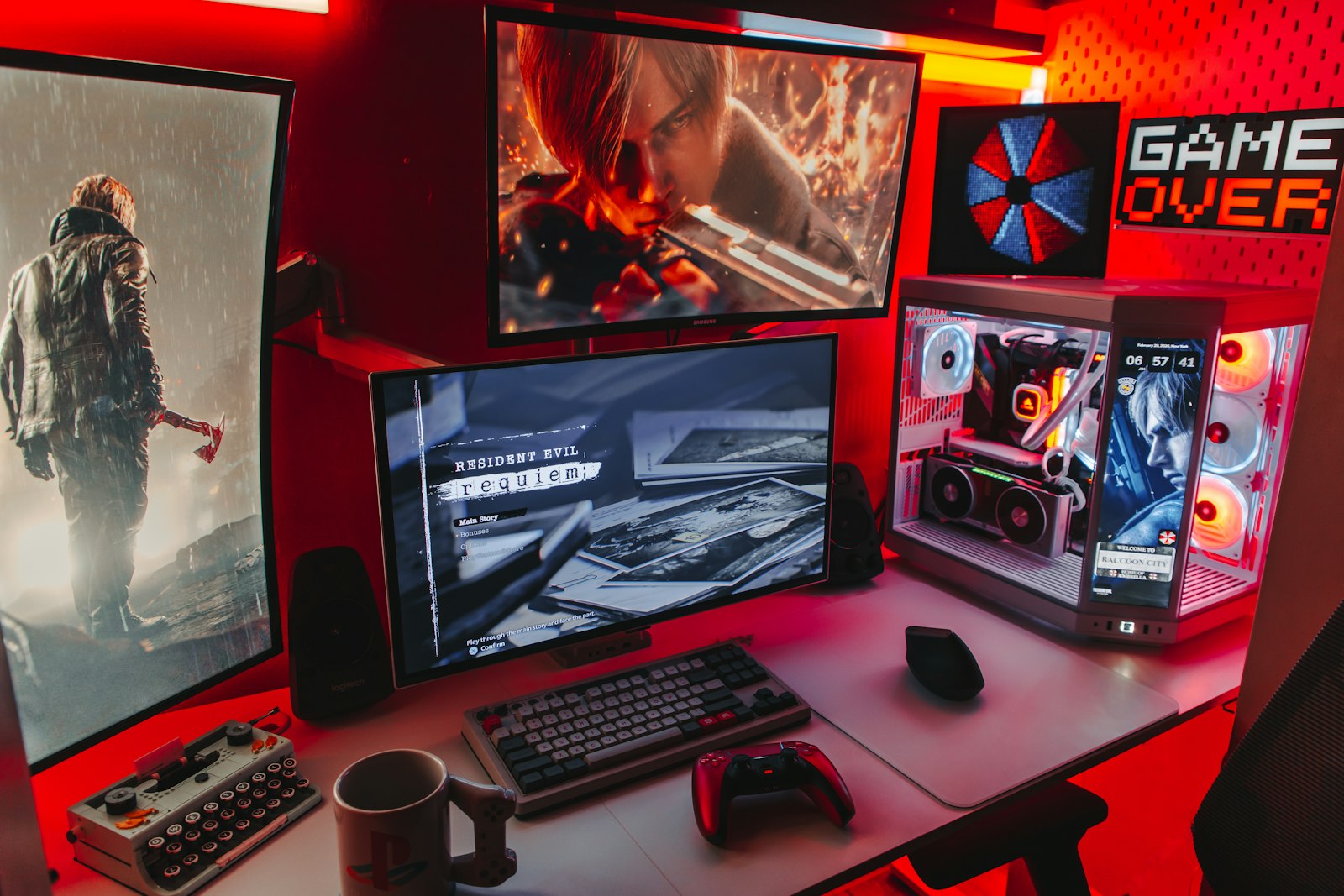 Gamer's setup with multiple monitors and RGB lighting (generic stock photo)