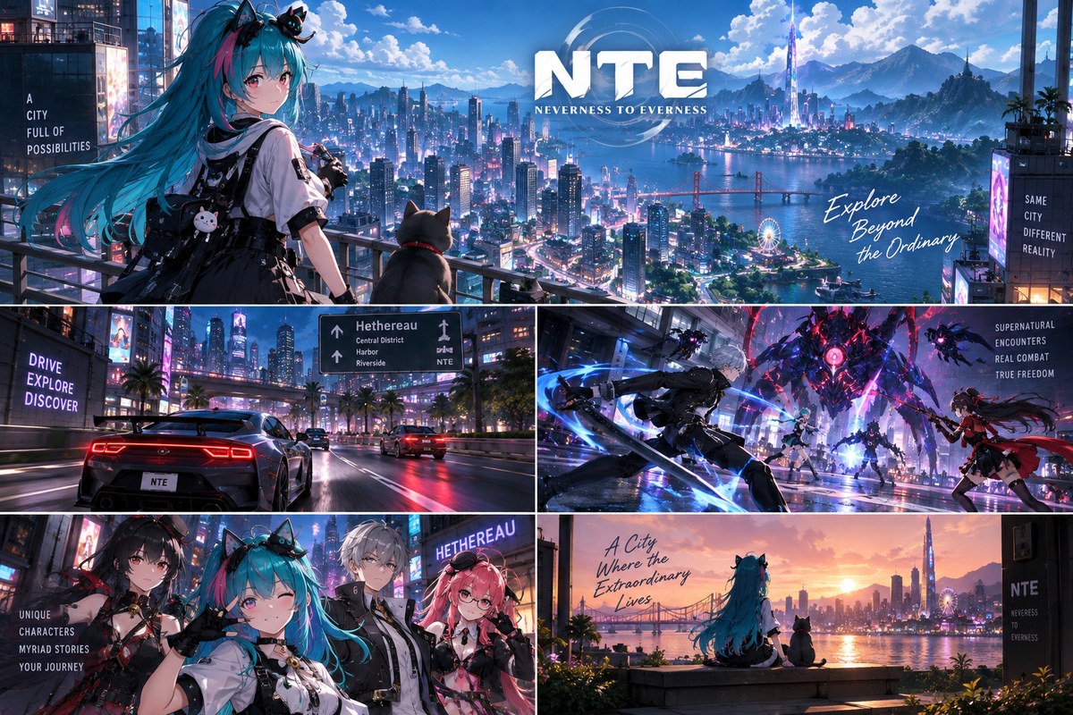 Neverness to Everness key art — a character overlooking the city of Hethereau at sunset